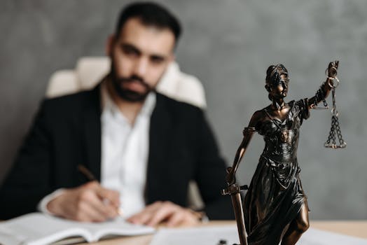 A lawyer in a suit writes at a desk with a Lady Justice statue in the foreground.